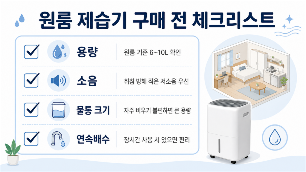 원룸 제습기 용량 체크리스트와 소음 물통 크기 확인 기준