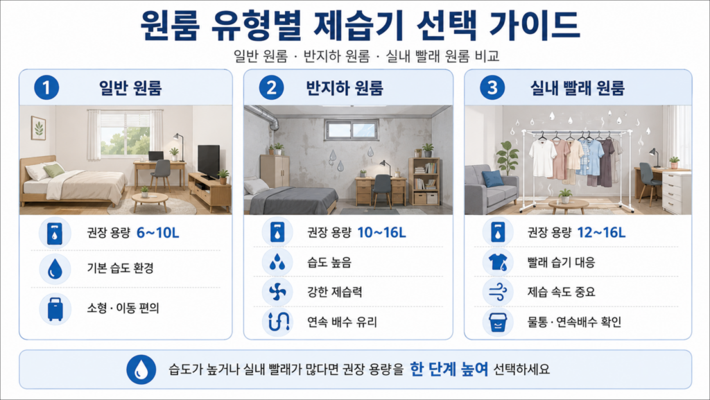 일반 원룸 반지하 원룸 실내 빨래 원룸별 제습기 용량 기준 비교