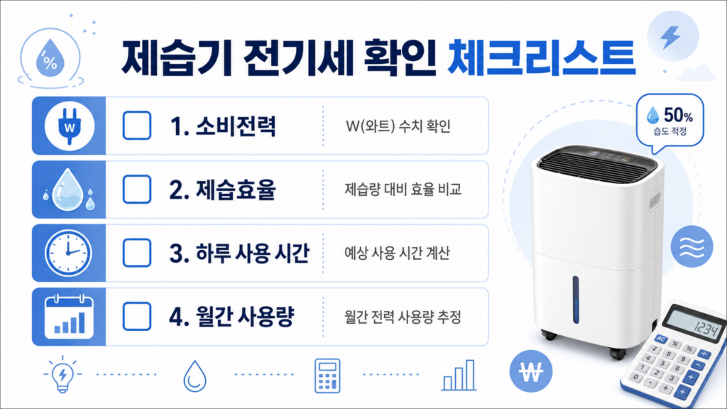 제습기 전기세 확인을 위한 소비전력 제습효율 사용 시간 체크리스트