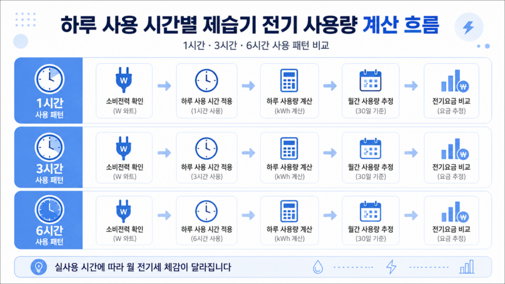 하루 사용 시간별 제습기 전기세 계산 흐름을 보여주는 표 이미지