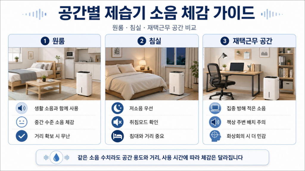 원룸 침실 재택근무 공간별 제습기 소음 체감 기준 비교