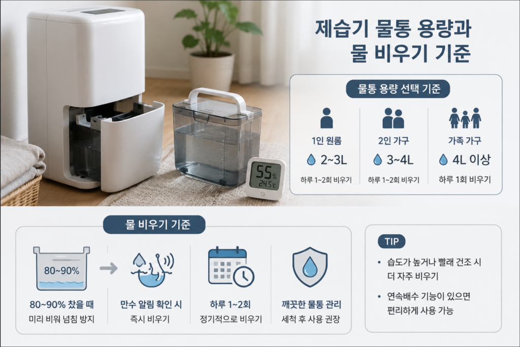 큰 물통 작은 물통 연속배수 방식의 제습기 관리 편의 비교
