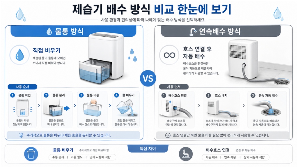 제습기 물통 방식과 연속배수 방식의 장단점 비교 이미지