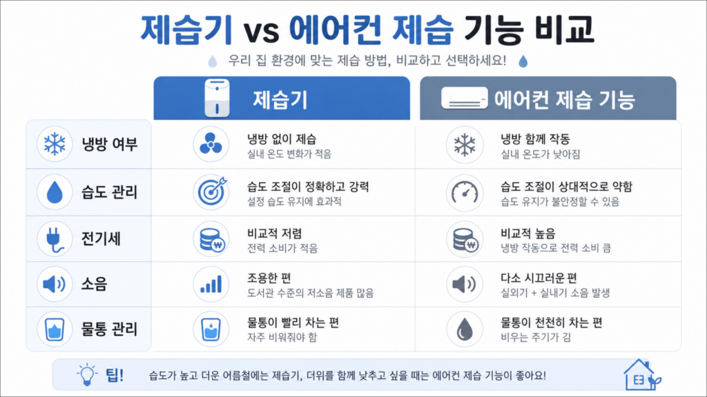 제습기와 에어컨 제습의 차이를 비교한 표 이미지