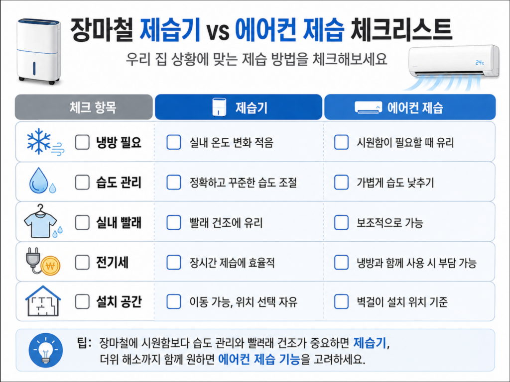 장마철 제습기와 에어컨 제습 선택 체크리스트 이미지