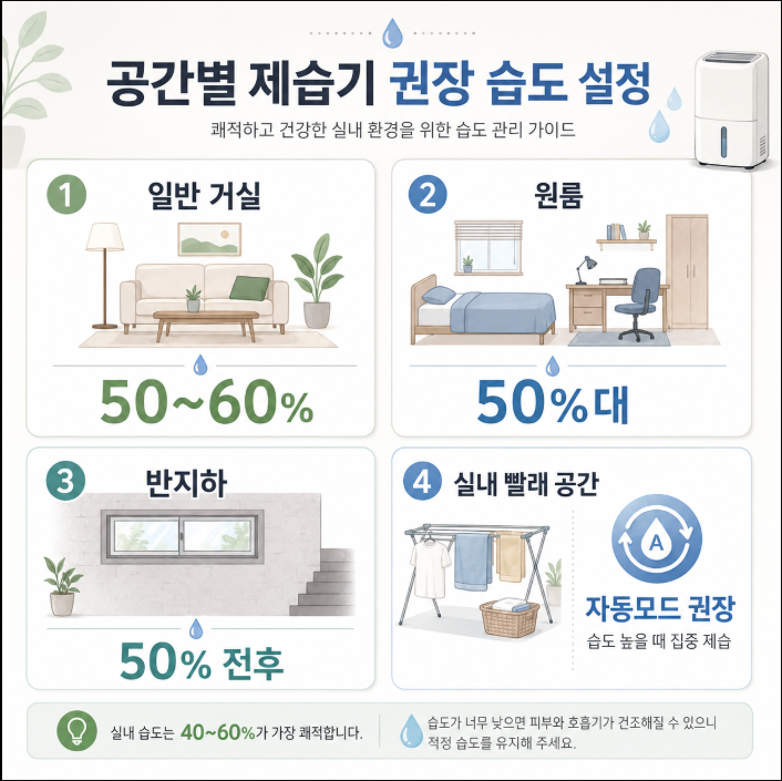 장마철 원룸 반지하별 제습기 습도 설정 기준표 이미지