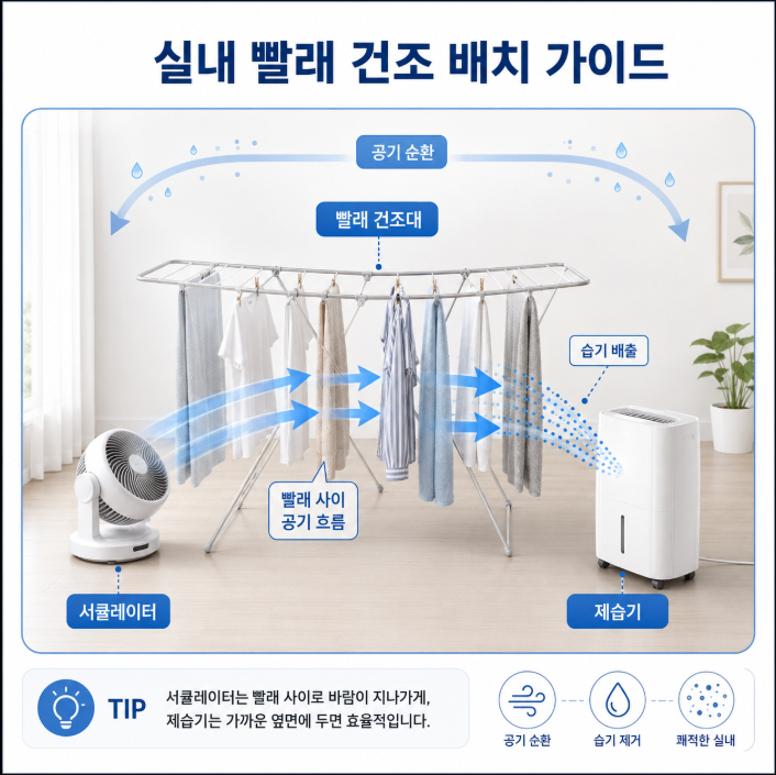 제습기와 서큘레이터를 활용한 실내 빨래 공기 흐름 안내 이미지
