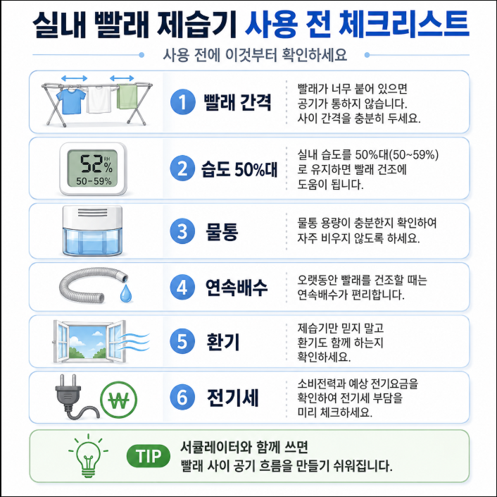 실내 빨래 제습기 사용 체크리스트 이미지