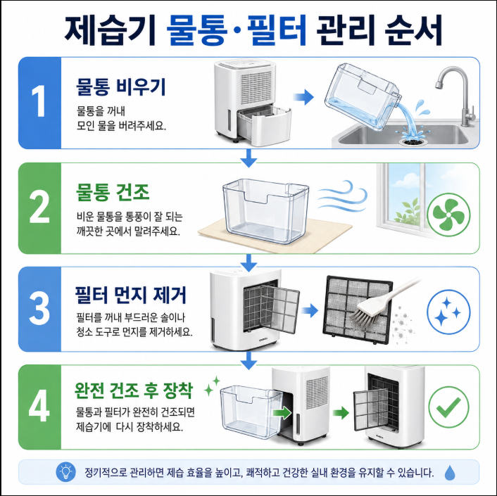 제습기 필터 청소와 물통 세척 방법을 비교한 이미지