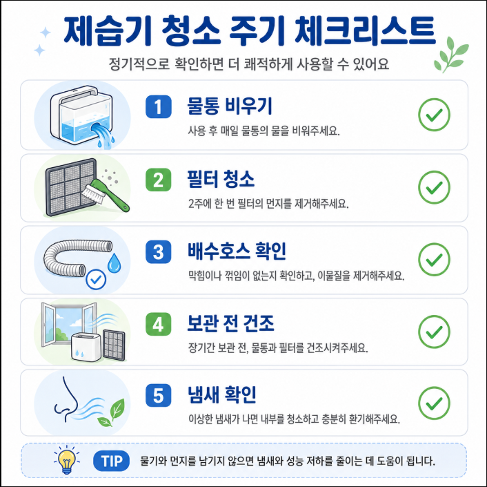 제습기 청소 주기 체크리스트와 보관 전 관리 이미지