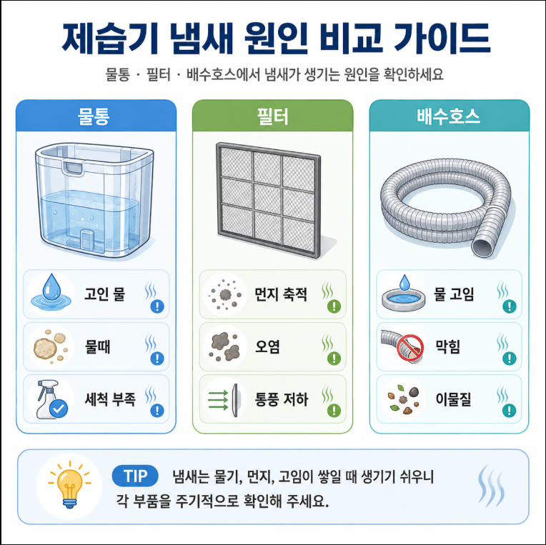 제습기 물통 필터 배수호스 냄새 원인 비교 이미지