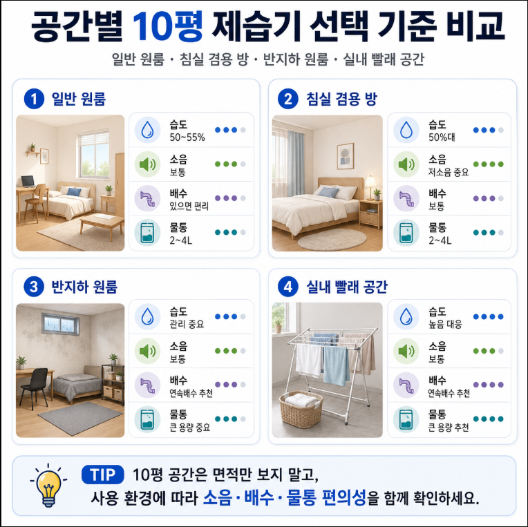 원룸 반지하 실내 빨래 공간별 10평 제습기 선택 기준 이미지
