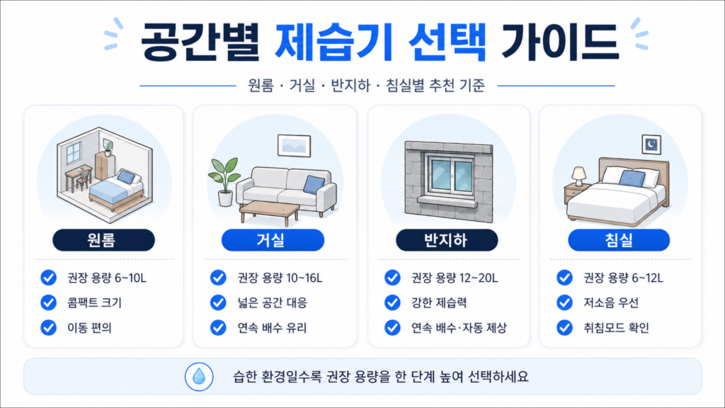 원룸 거실 반지하 침실별 제습기 선택 기준을 비교한 이미지
